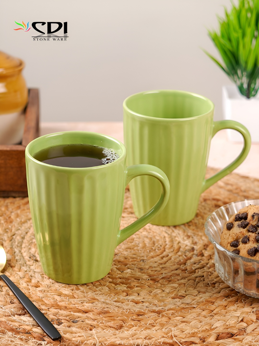 

CDI Green 2 Pieces Textured Ceramic Glossy Mugs 300 ml Each