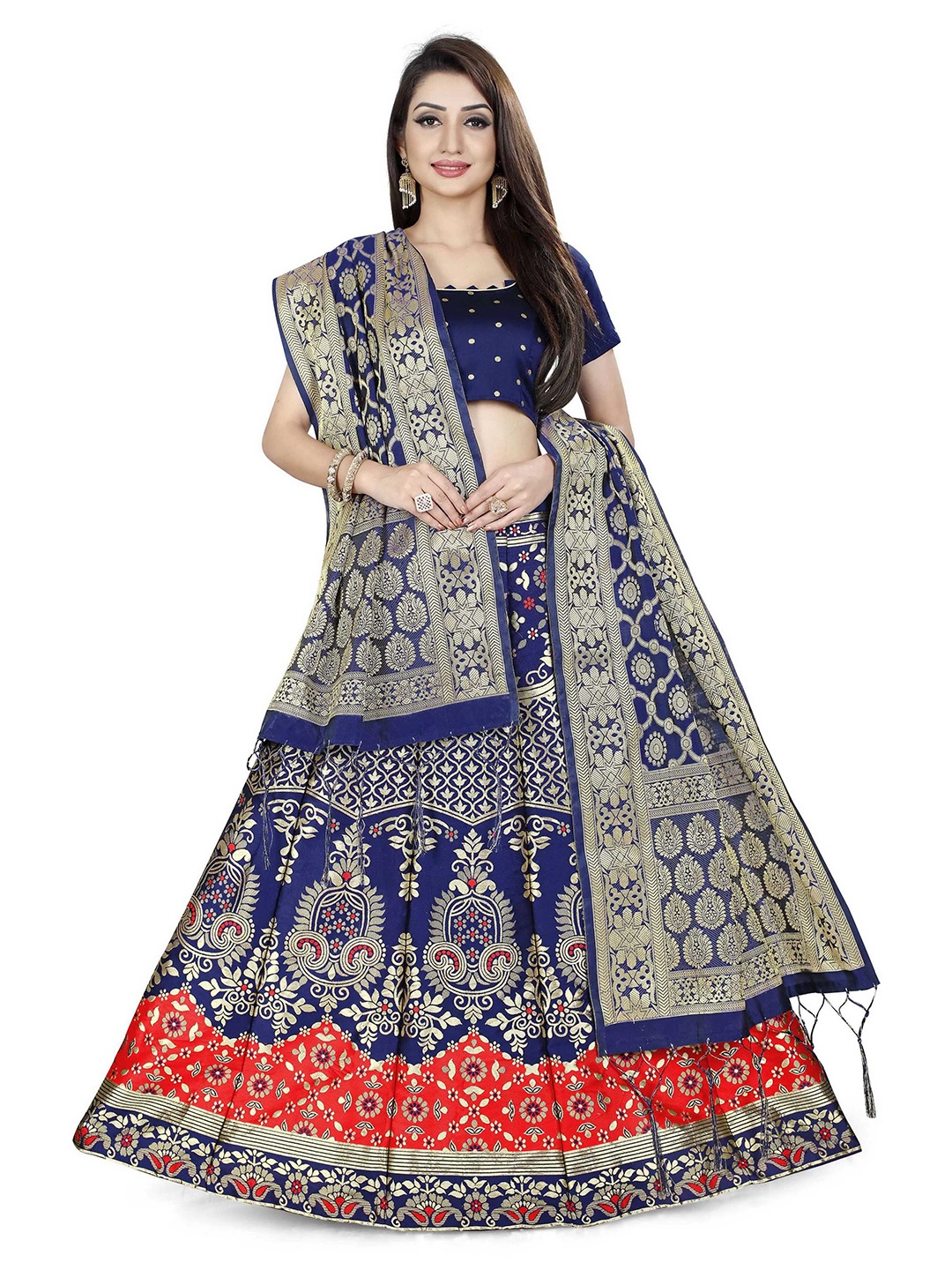 

DIVASTRI Floral Woven Design Jacquard Semi-Stitched Lehenga & Unstitched Blouse & Dupatta, Red