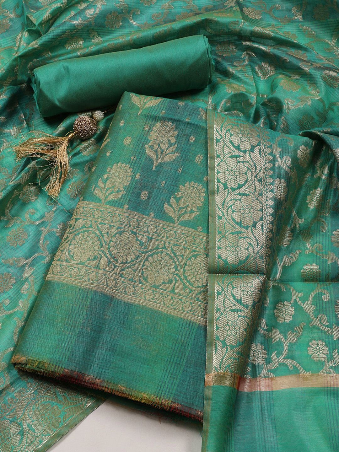 

Meena Bazaar Floral Woven Design Art Silk Unstitched Dress Material, Green