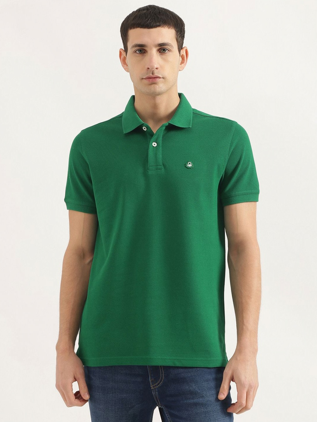 

United Colors of Benetton Men Solid Polo Collar Cotton T-shirt, Green