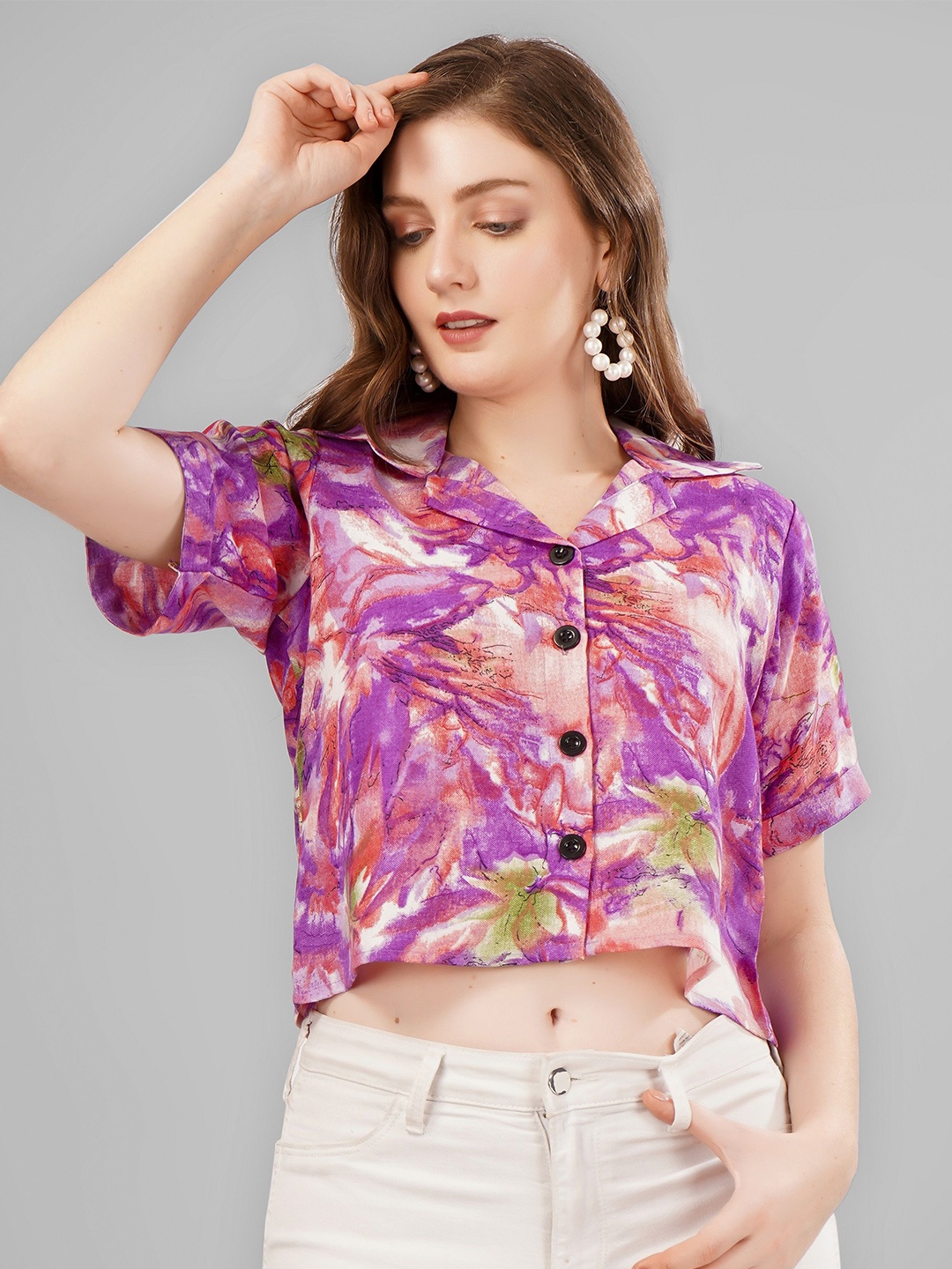 

Milastru Cotton Printed Party Crop Shirt, Purple