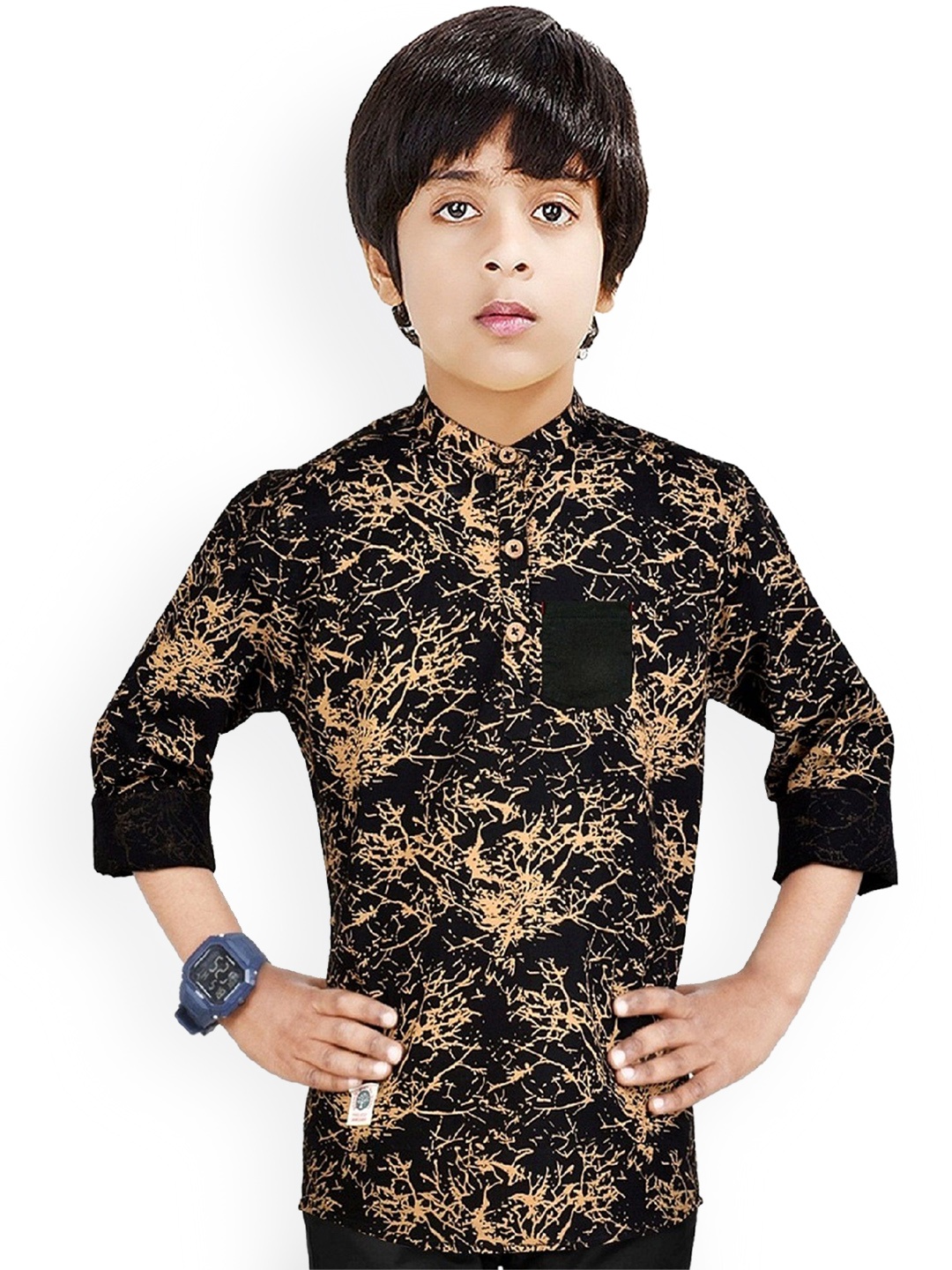 

MADE IN THE SHADE Boys Abstract Printed Band Collar Pure Cotton Short Kurta, Black