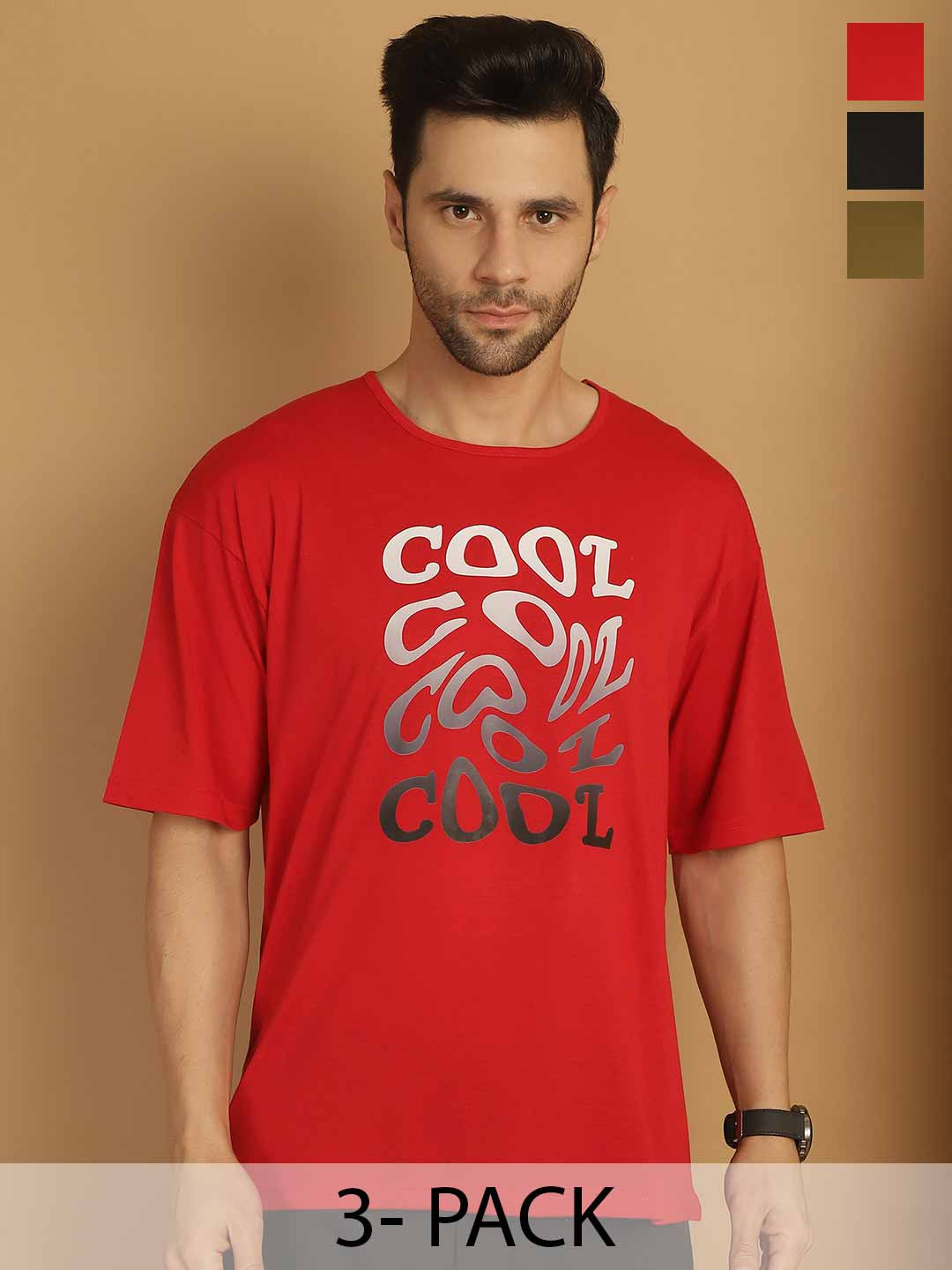 

MACK JONNEY Men Pack Of 3 Typography Printed Round Neck Cotton Oversized T-shirts, Multi