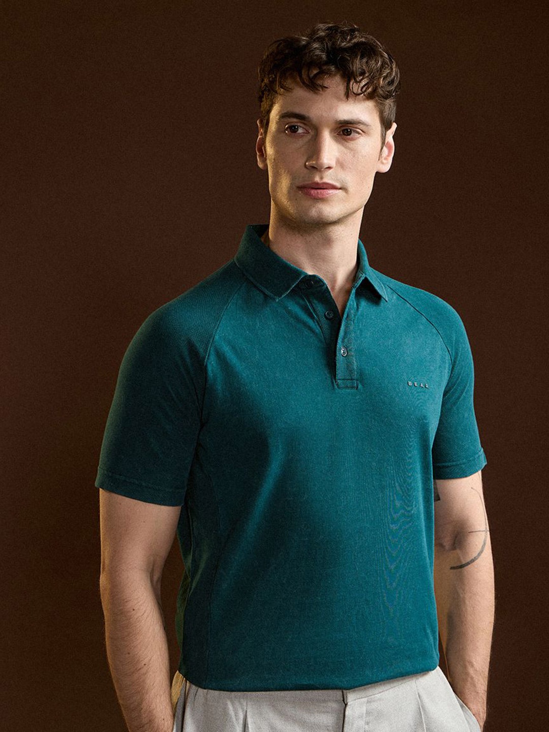 

THE BEAR HOUSE Men Regular Fit Solid Polo Collar Cotton T-shirt, Teal