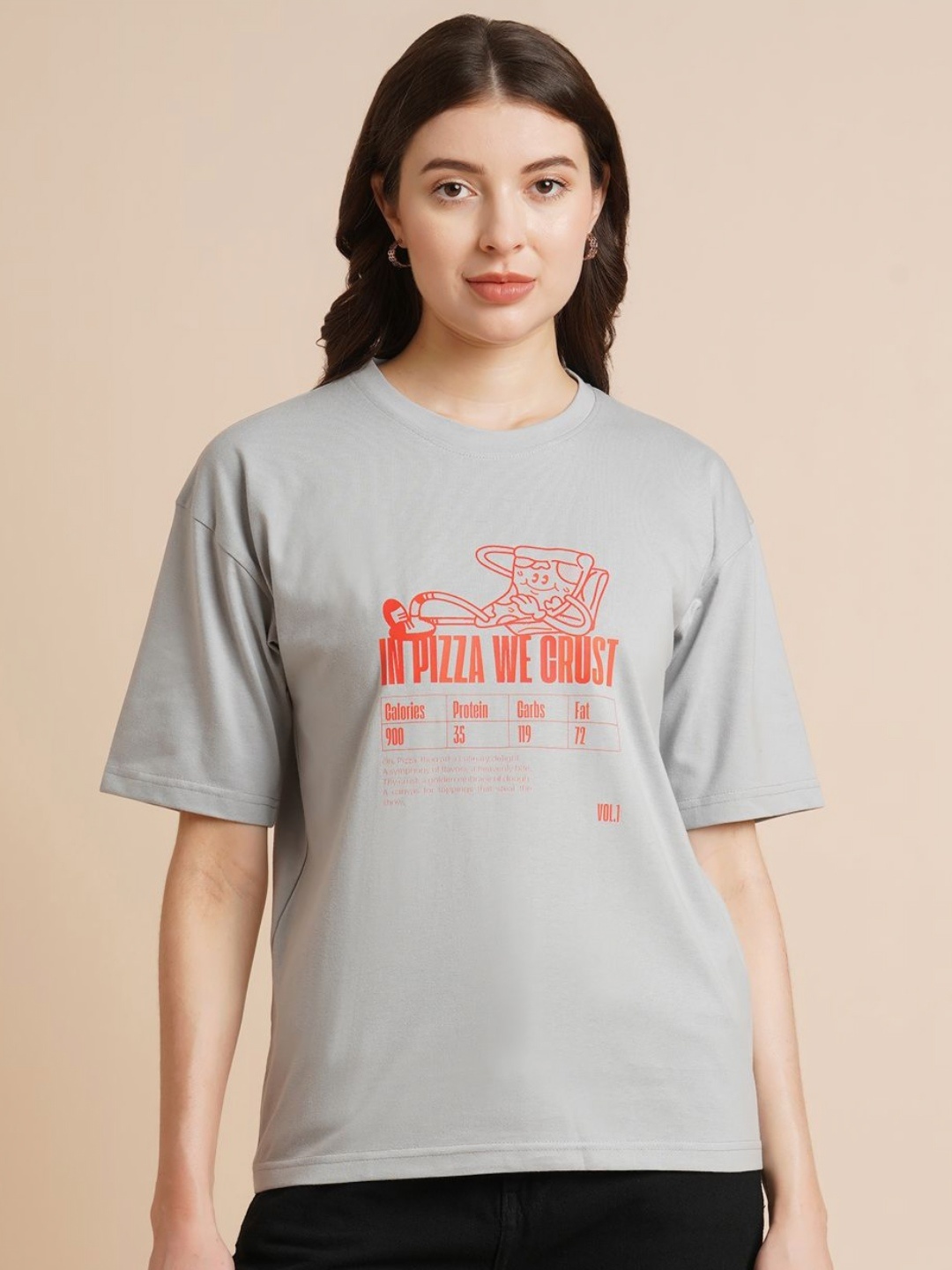 

ANJIR Women Typography Printed Round Neck Oversized T-shirt, Grey