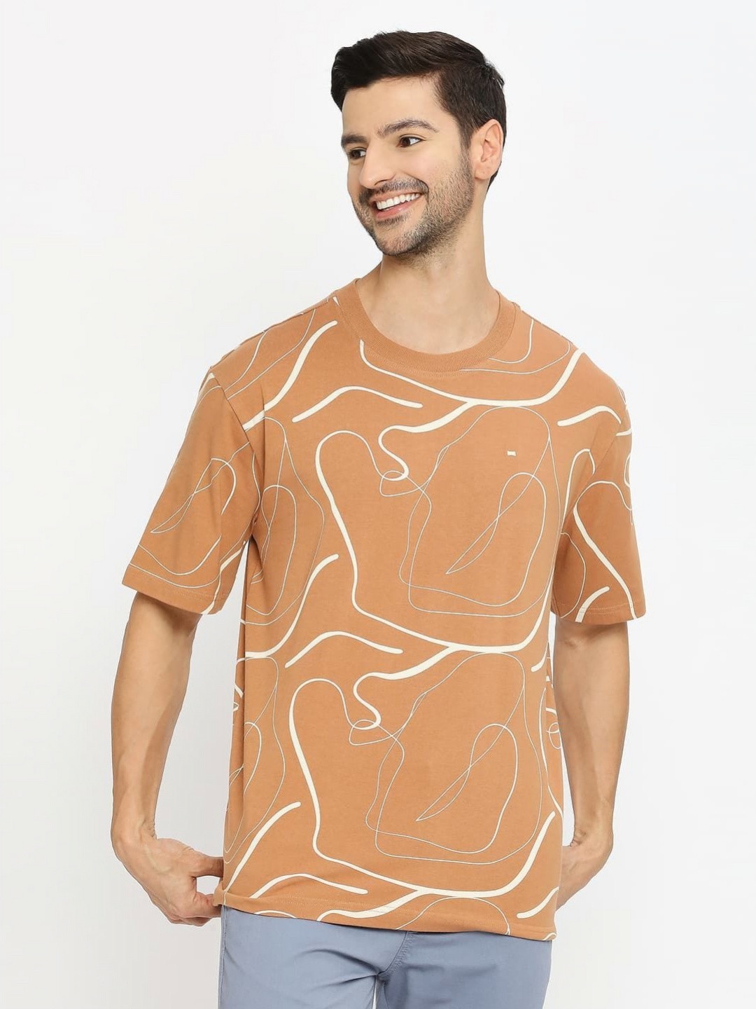 

Basics Men Abstract Printed Round Neck Cotton Relaxed Fit T-shirt, Brown