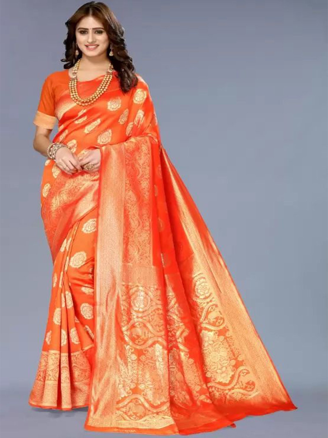 

Florence Woven Design Zari Pure Silk Kanjeevaram Saree, Orange