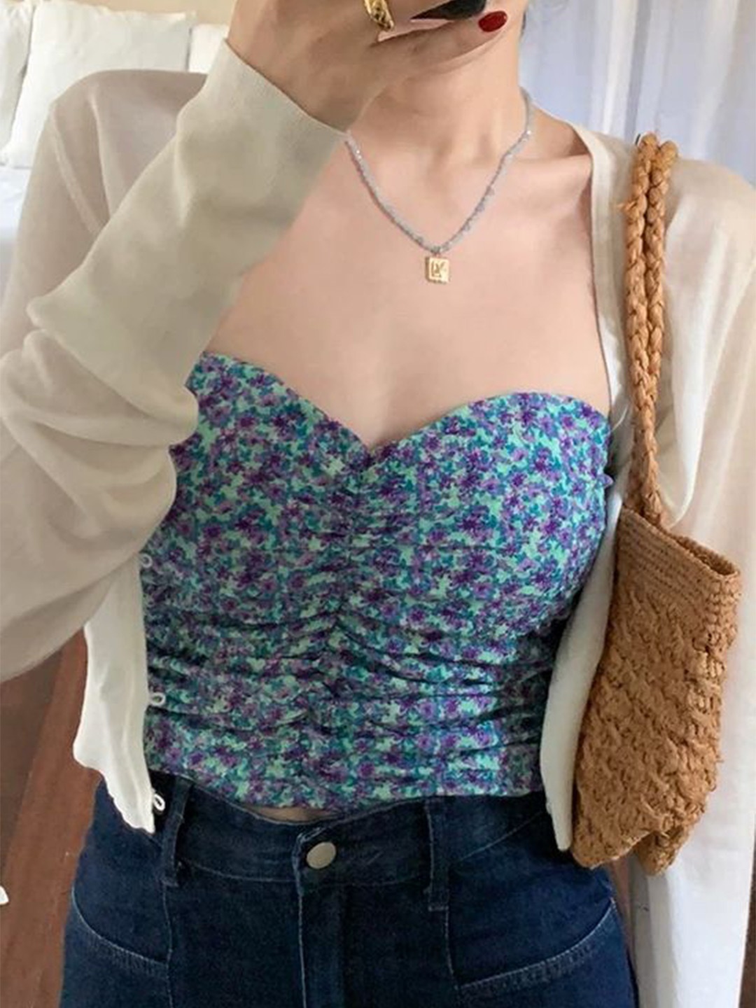 

MADE FOR HER LABEL Women Maria Strapless Ruched Floral Print Blue Colour Top