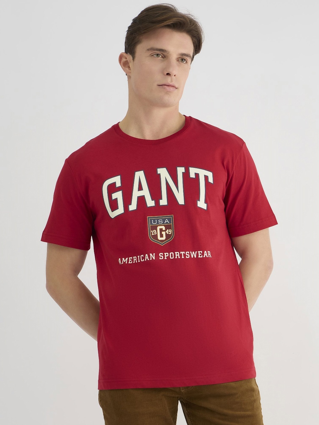 

GANT Men Typography Printed Pure Cotton Applique T-shirt, Red