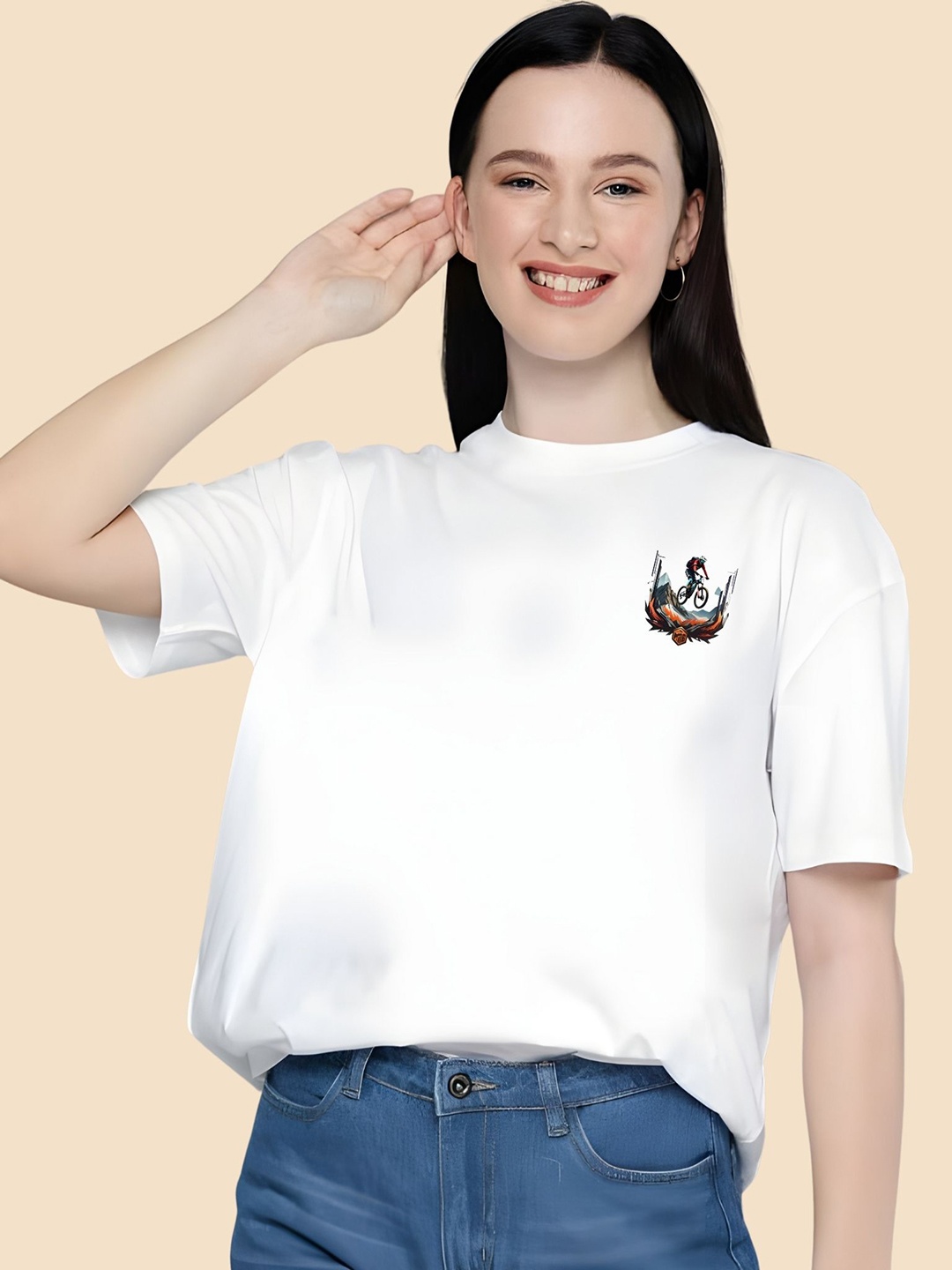 

SZN Women Graphic Printed Round Neck Cotton Oversized T-shirt, White