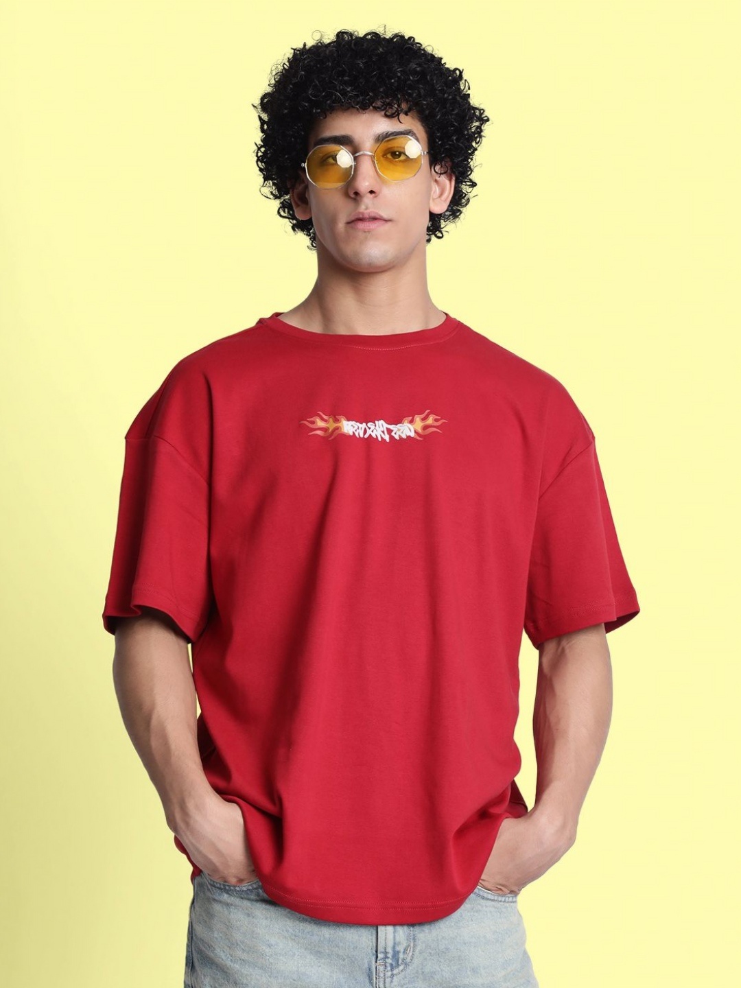 

Bene Kleed Men Typography Printed Round Neck Cotton Relaxed Fit T-shirt, Red