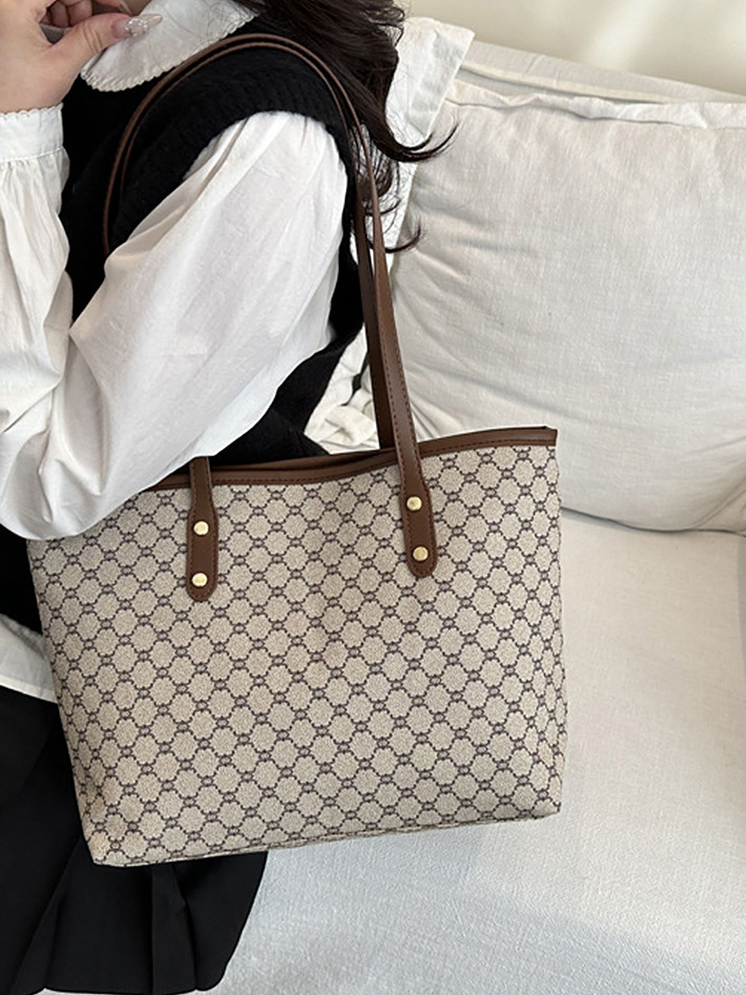

LULU & SKY PU Structured Shoulder Bag with Quilted, Khaki