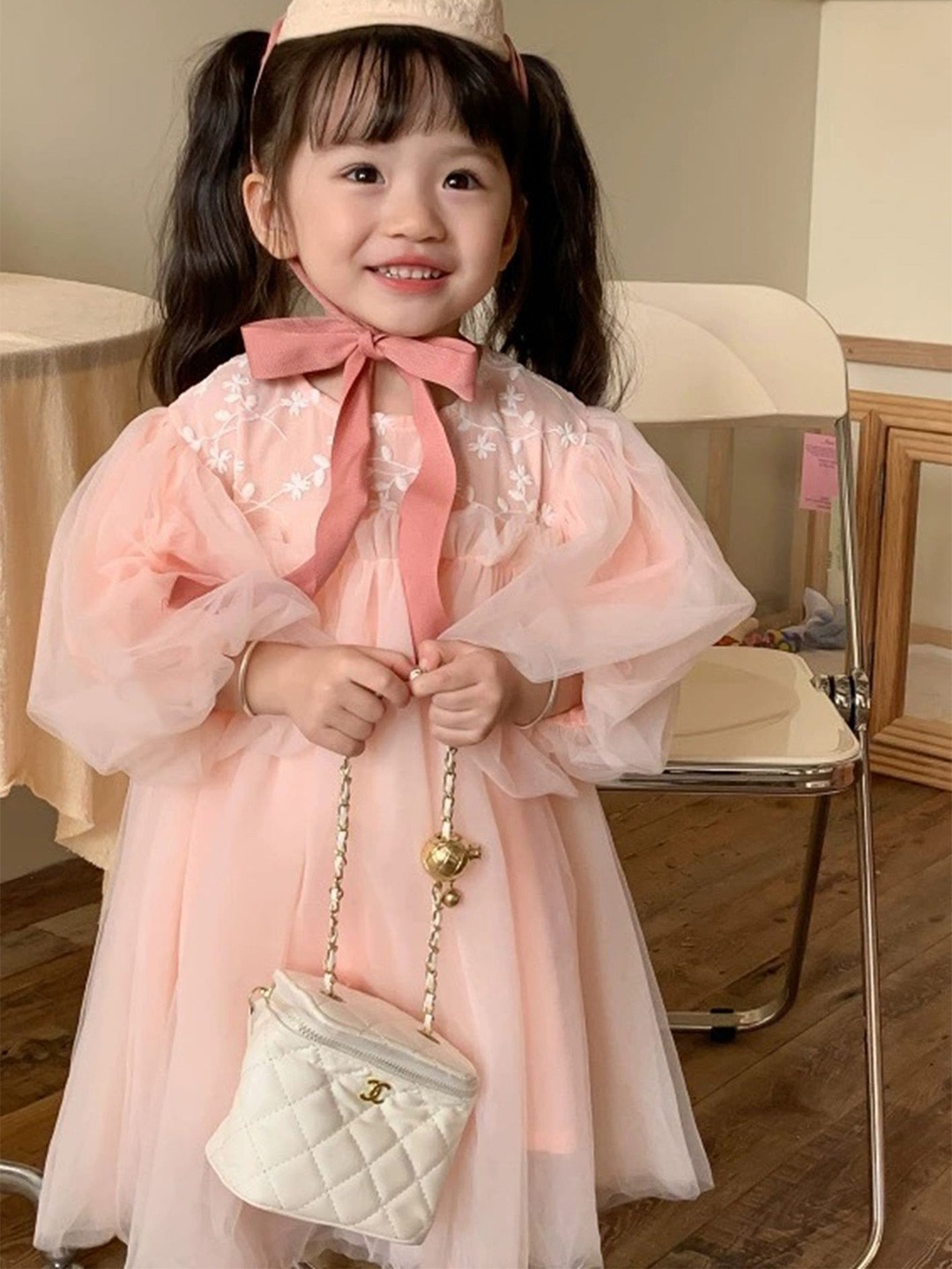 

LULU & SKY Girl Puff Sleeves Knee Length Empire Dress, Pink