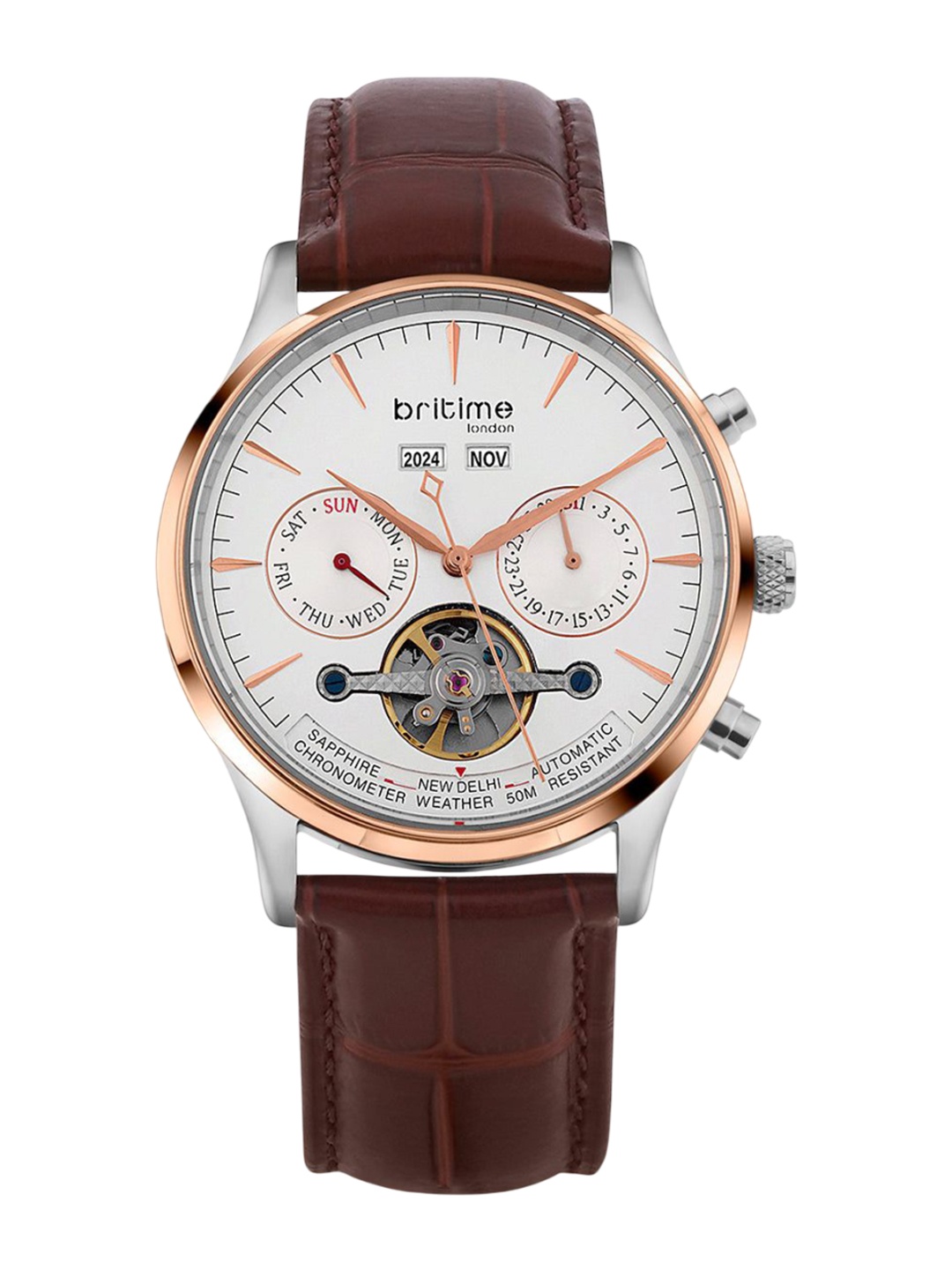 

Britime Men Leather Straps Analogue Automatic Motion Powered Watch 867-L30308, Silver