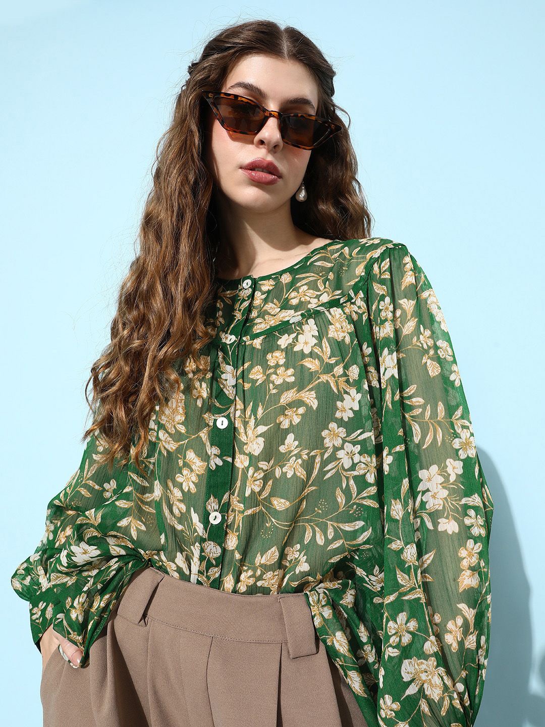 

EVERYDAY by ANI Floral Print Mandarin Collar Chiffon Top, Green