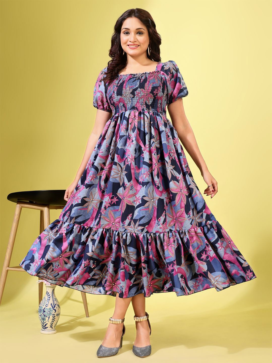 

DEKLOOK Women Square Neck Puff Sleeves Cotton Fit & Flare Midi Dress, Blue