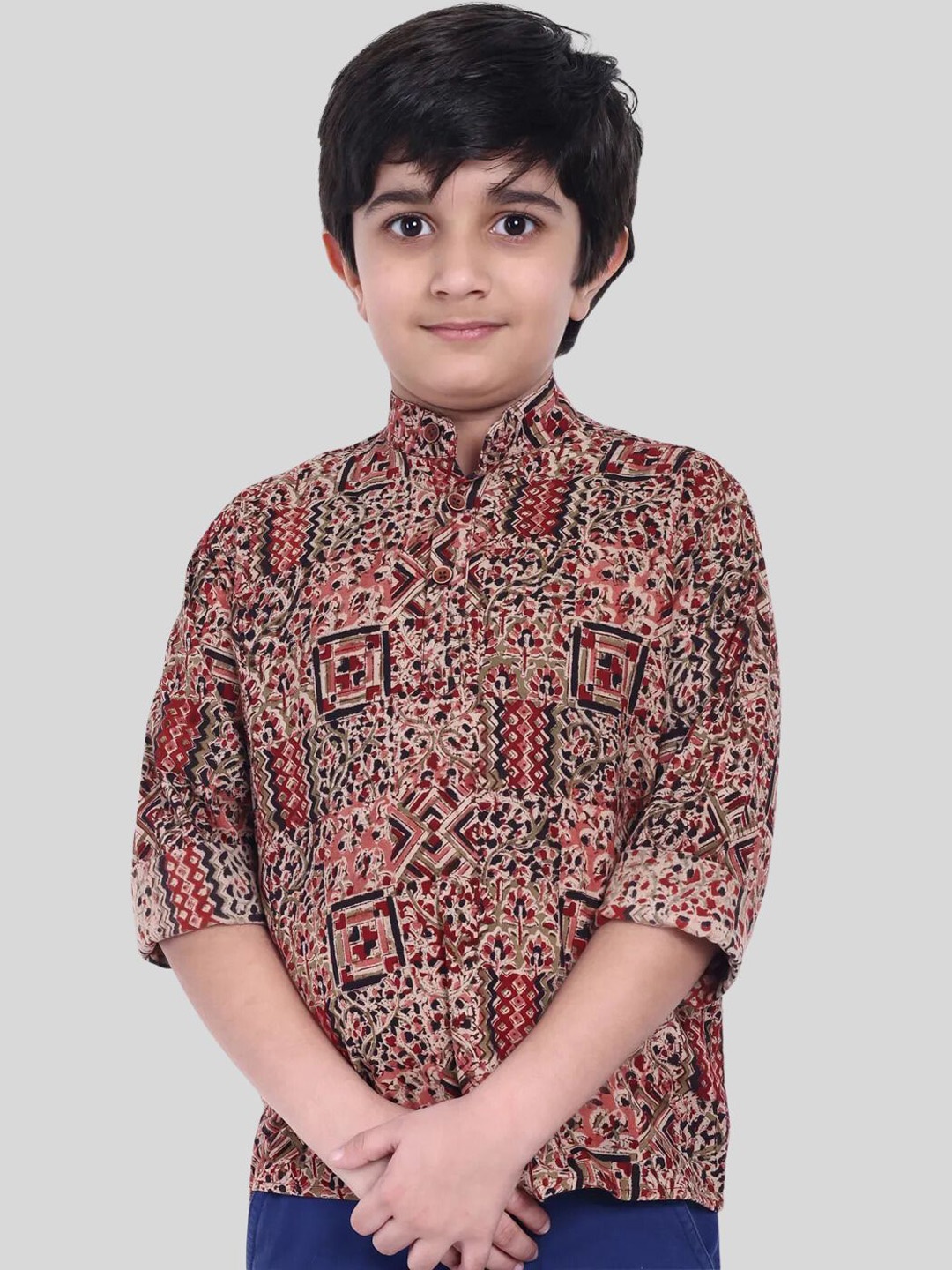 

MOSHI Boys Ethnic Motifs Printed Band Collar Pure Cotton Straight Short Kurta, Red