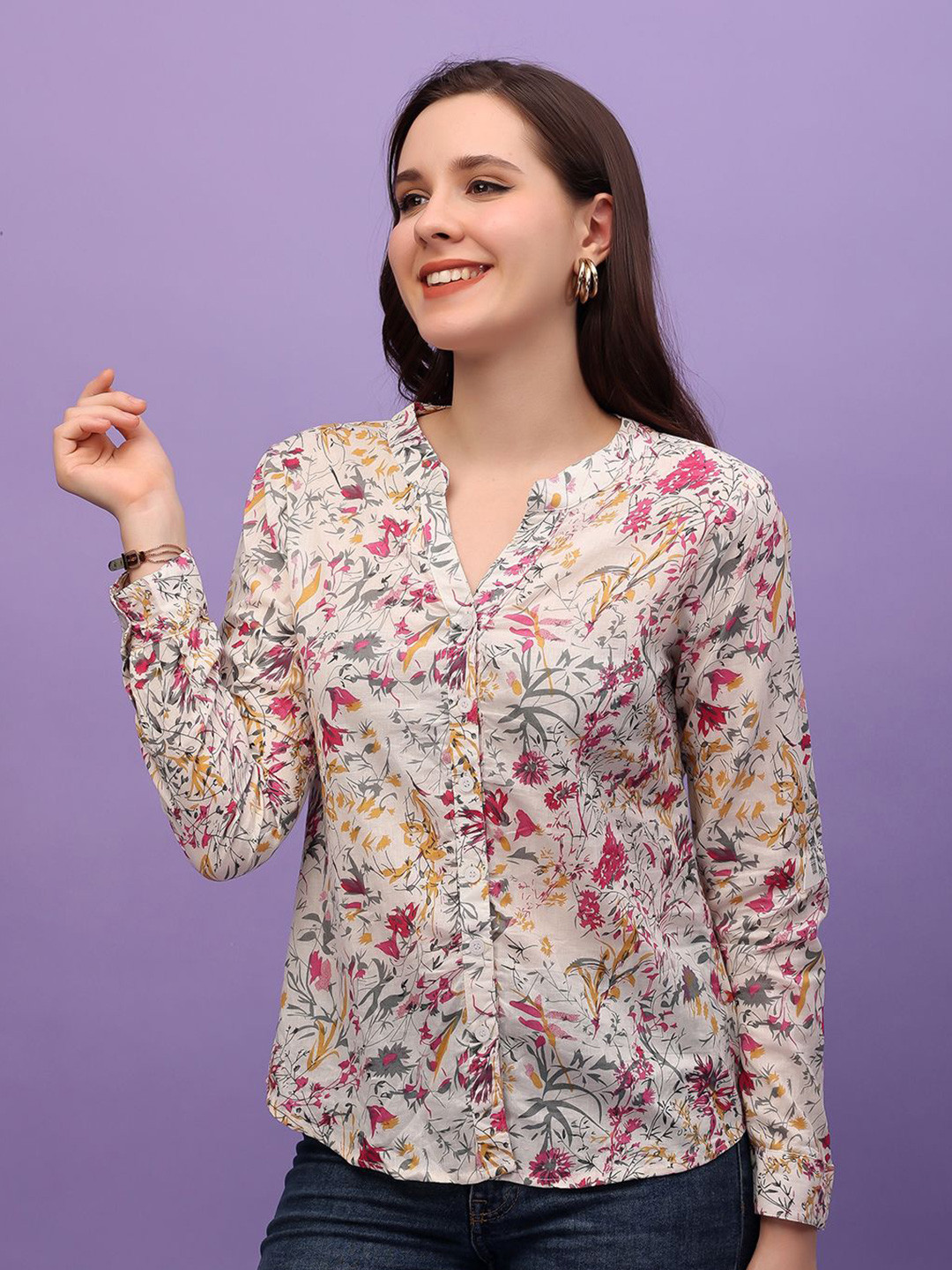 

Moda Rapido Women Slim Fit Floral Opaque Printed Casual Shirt, Cream