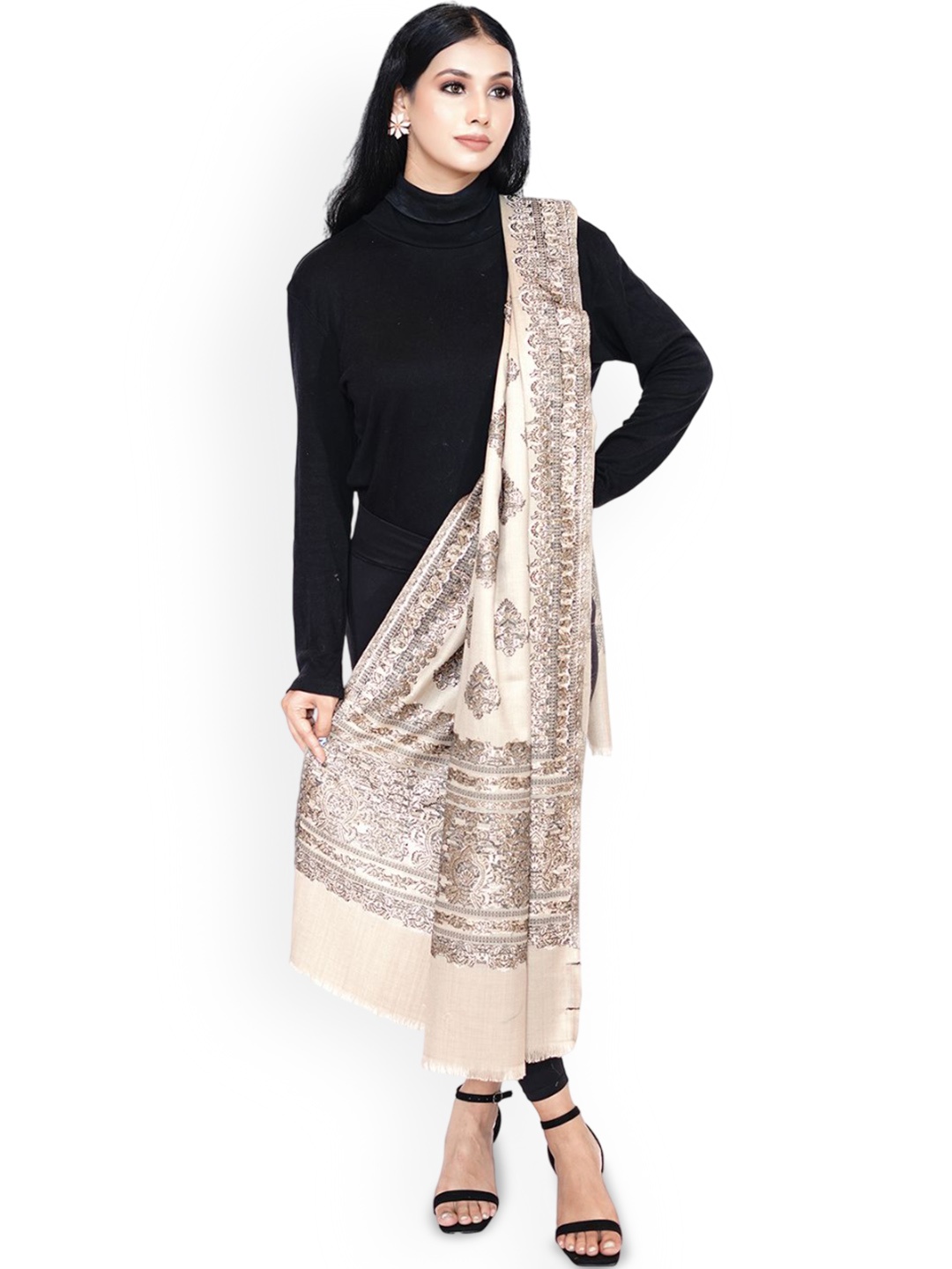 

PASHMAL INDIA PRIVATE LIMITED Ethnic Motifs Woven Design Woollen Shawl, Beige