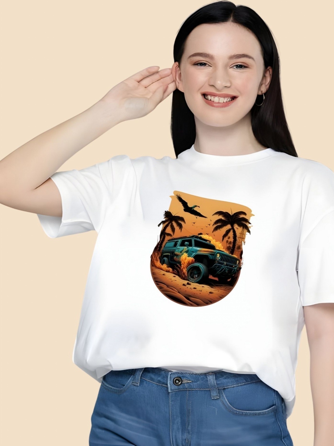 

SZN Women Graphic Printed Round Neck Cotton Oversized T-shirt, White