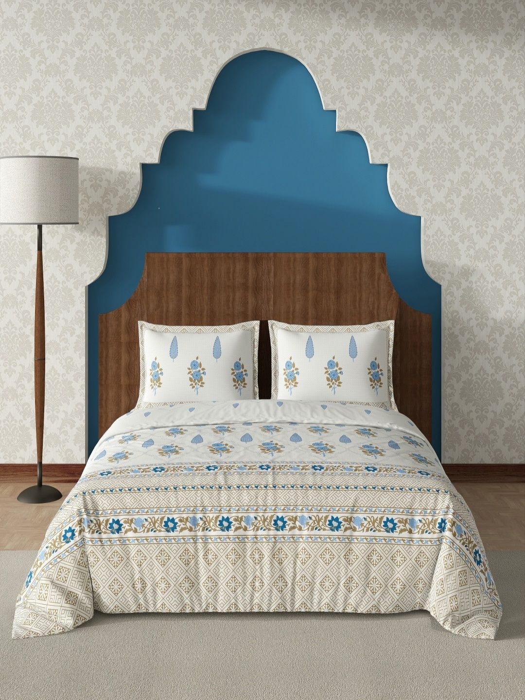 

CHICERY White & Blue Floral Printed Pure Cotton 210 TC King Bedsheet Set 2.74m x 2.74m