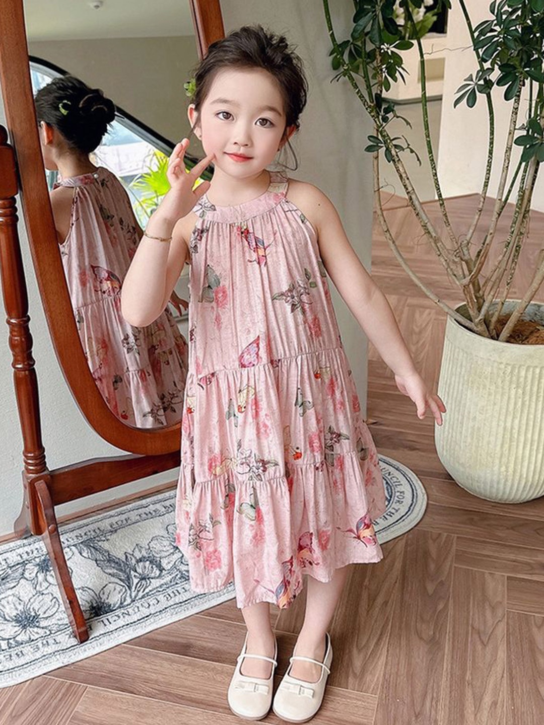 

LULU & SKY Girls Floral Printed Tiered A-Line Midi Dress, Pink