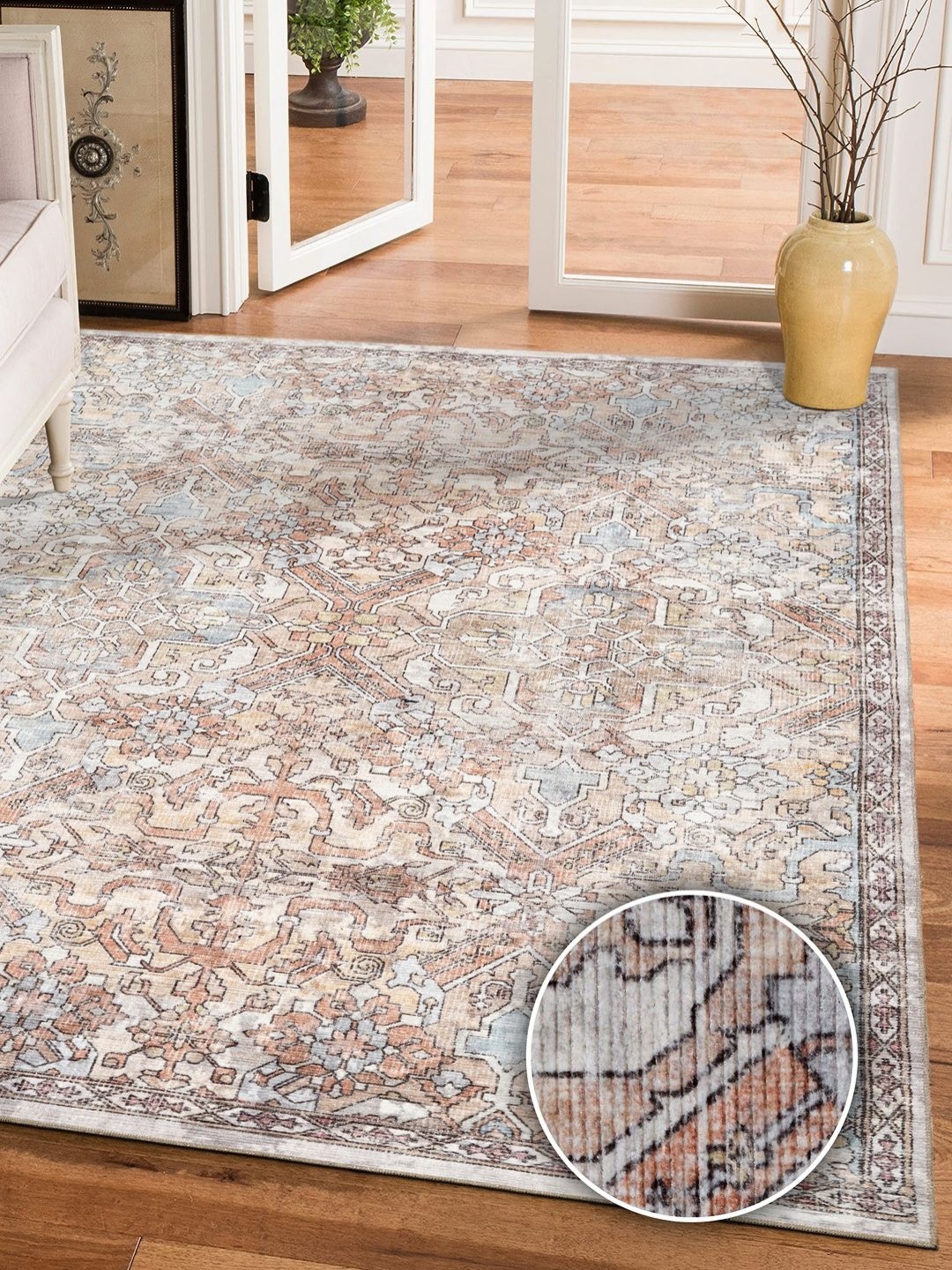 

Kaleen India Beige & Blue Ethnic Motifs Printed Anti-Skid Carpet