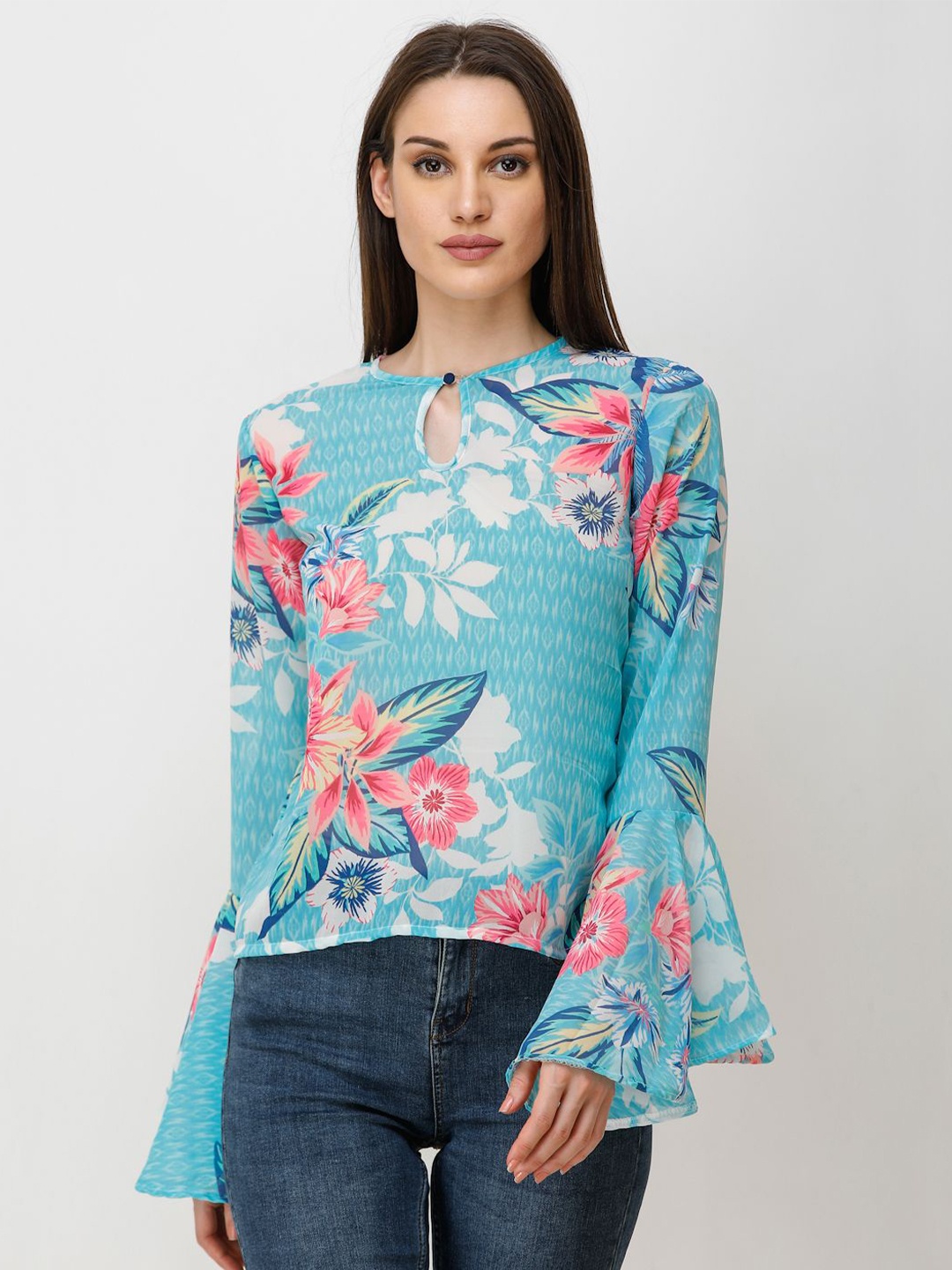 

Moda Rapido Floral Print Keyhole Neck Bell Sleeve Georgette Top, Blue