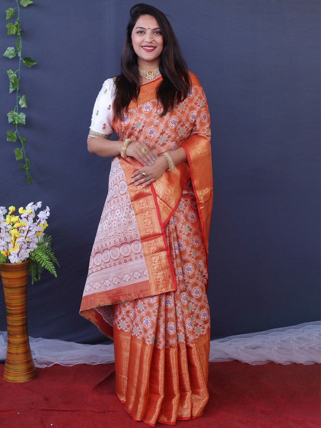 

Kandora Woven Design Zari Pure Silk Heavy Work Banarasi Saree, Orange