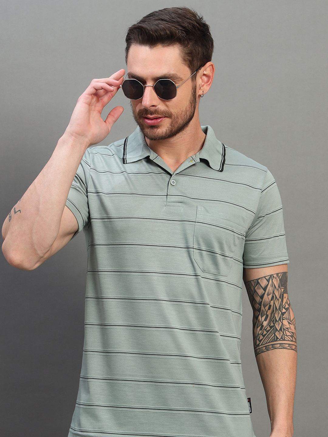 

RENUOVO Men Striped Polo Collar Cotton Slim Fit T-shirt, Sea green