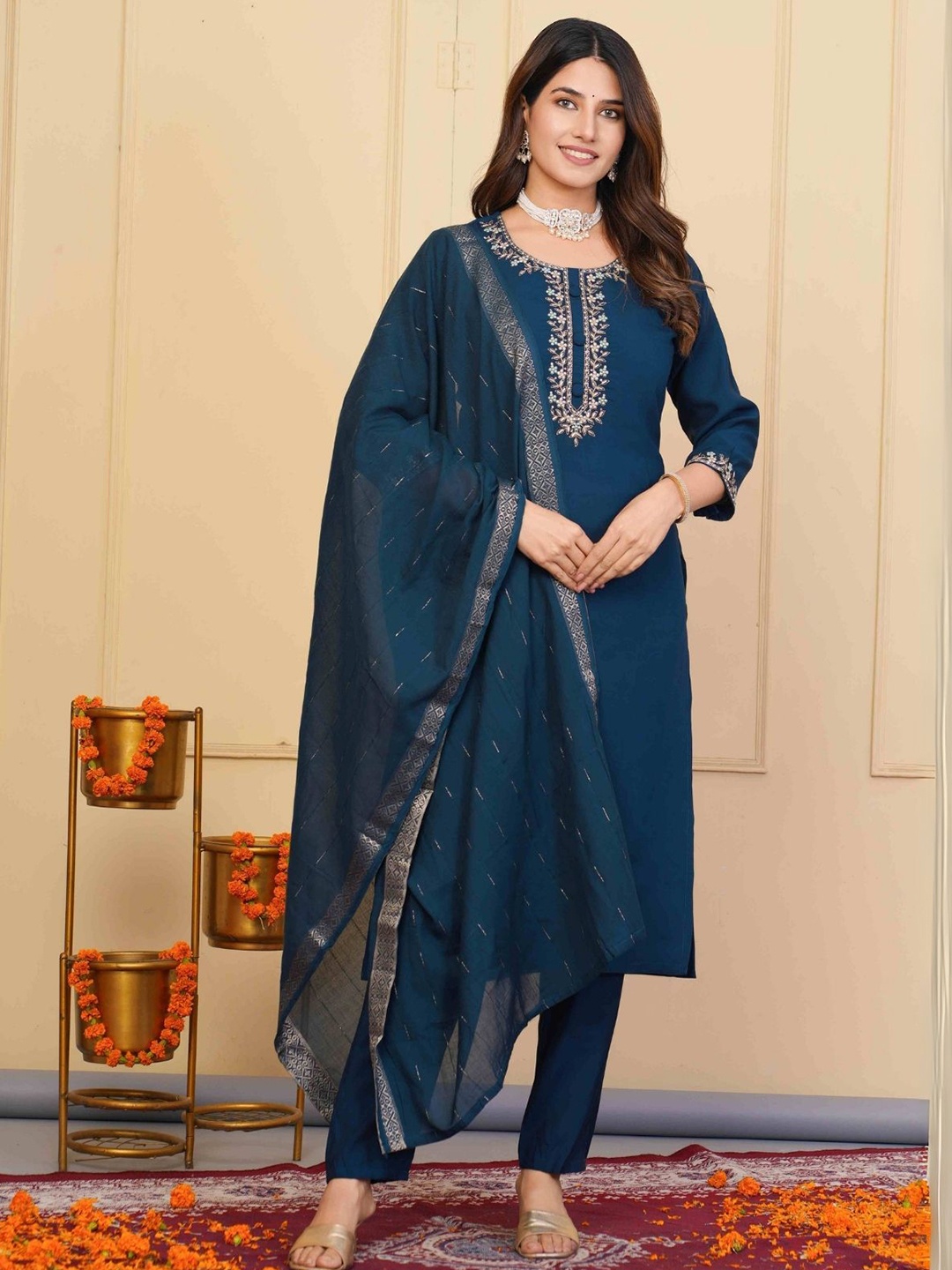 

ODETTE Women Ethnic Motifs Embroidered Regular Kurta with Trousers & With Dupatta, Blue