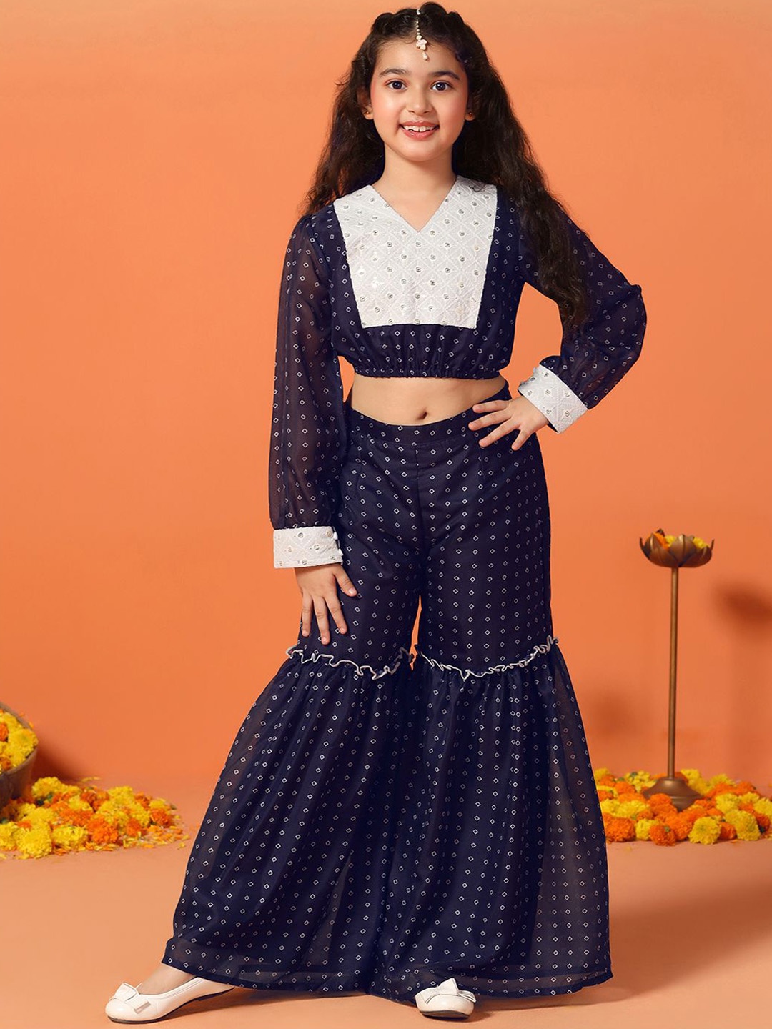 

Sangria Girls Printed Crop Top & Sharara Set, Navy blue
