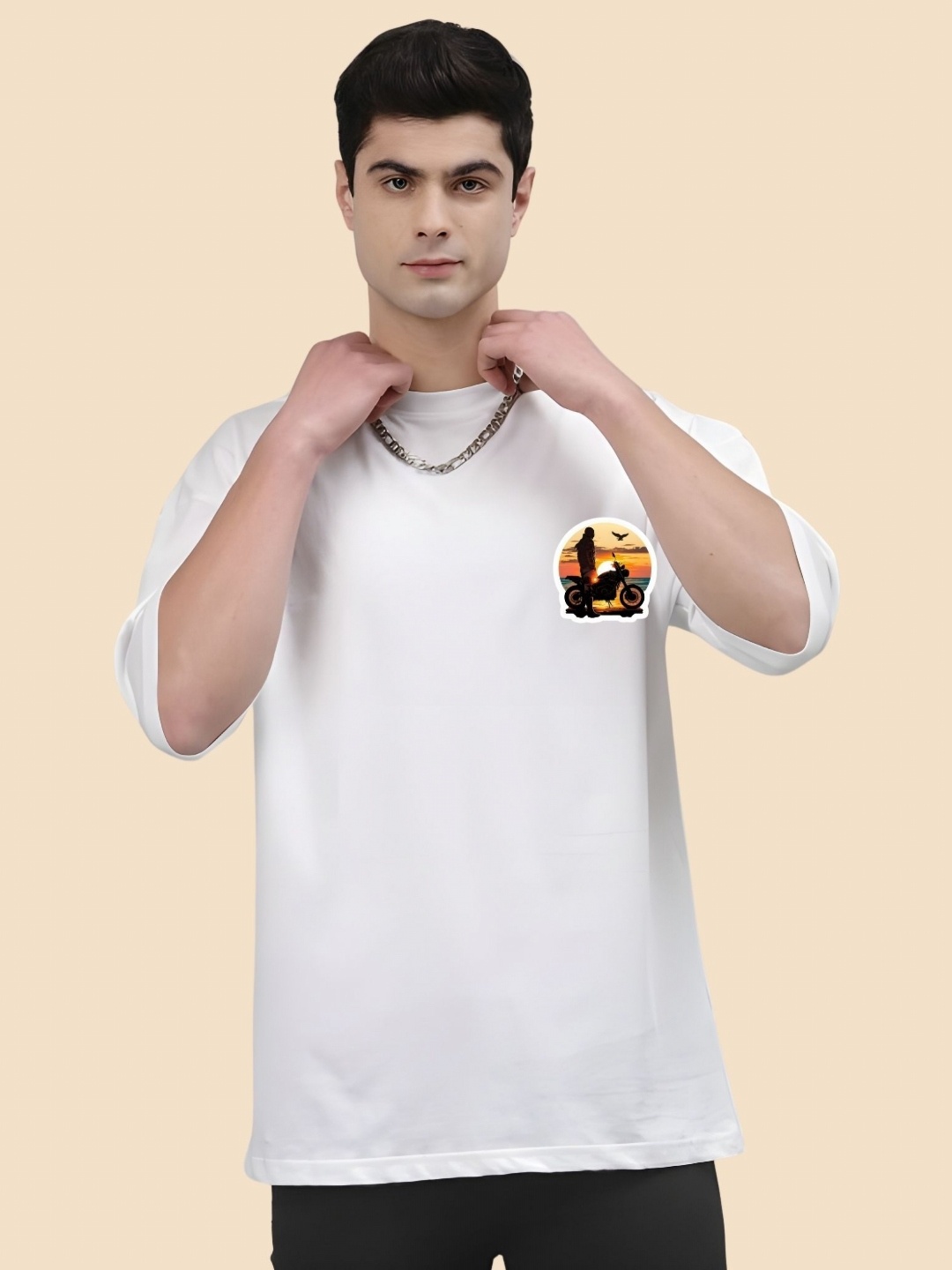 

SZN Men Graphic Printed Round Neck Cotton Oversized T-shirt, White