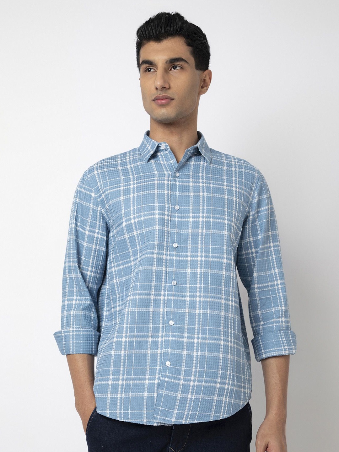 

MARK & ALBERT Men Slim Fit Windowpane Checks Opaque Checked Casual Shirt, Blue