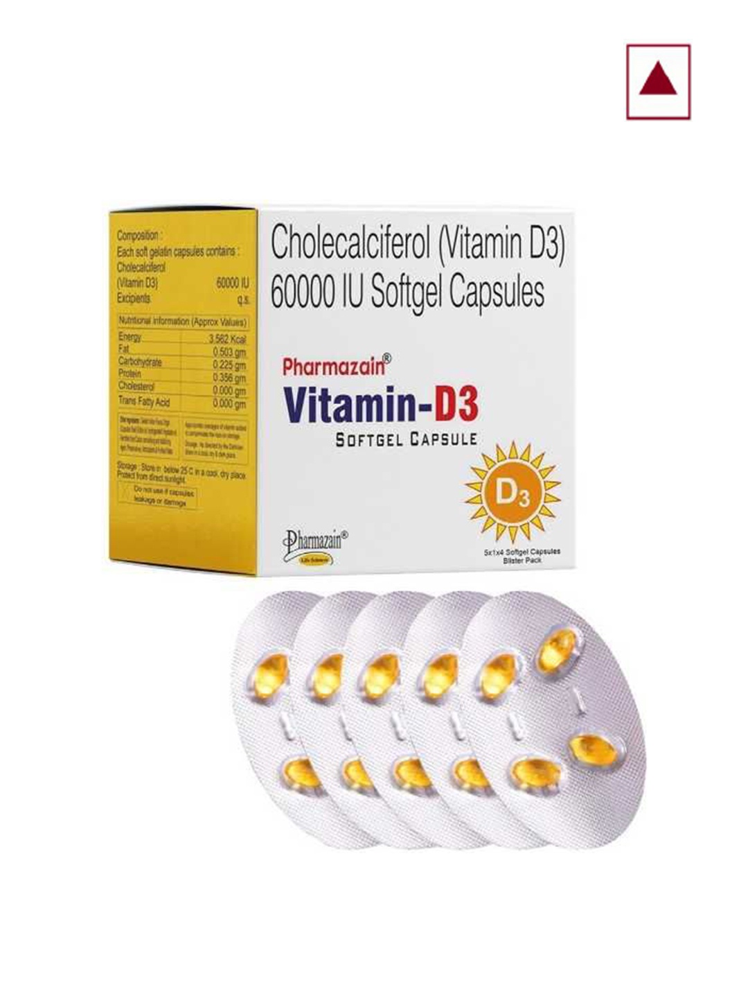 

PHARMAZAIN LIFE SCIENCES Vitamin-D3 Softgel Capsules - 20 Capsules, Yellow