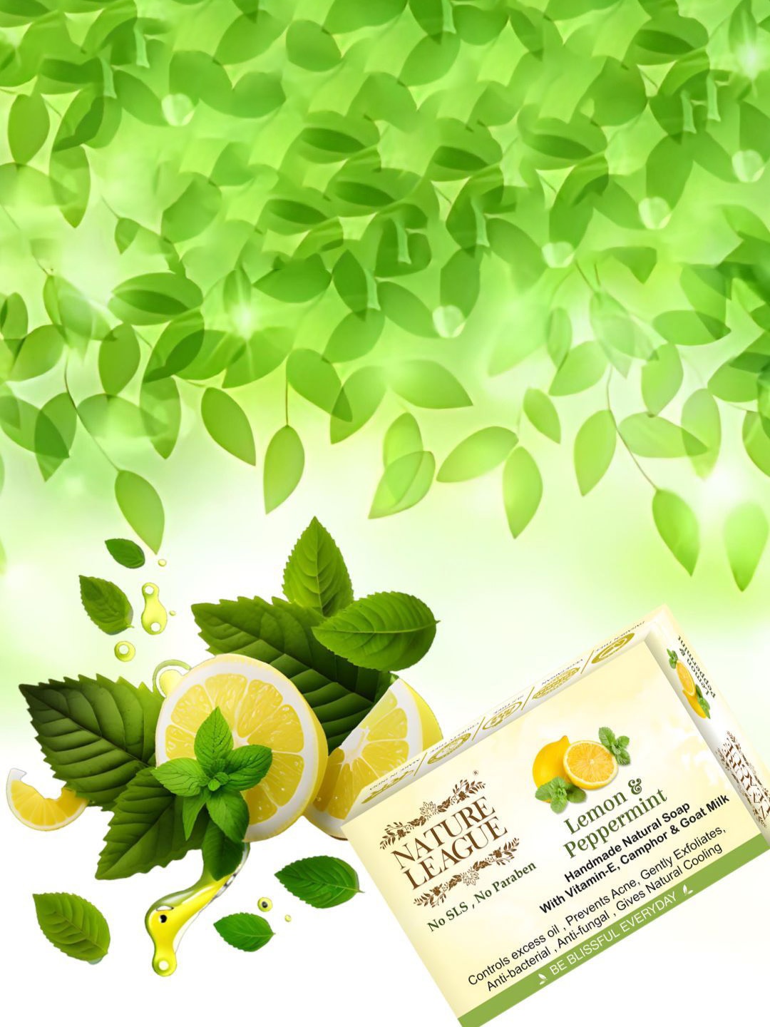 

NATURE LEAGUE Set Of 6 Lemon & Peppermint Soap With Vitamin E For Nourishing - 100 g Each, Yellow