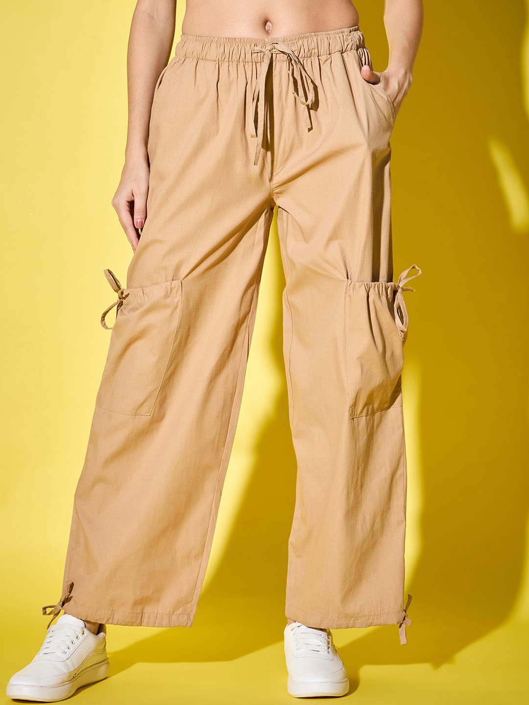 

DIMPY GARMENTS Women Relaxed High-Rise Cargos Trousers, Beige