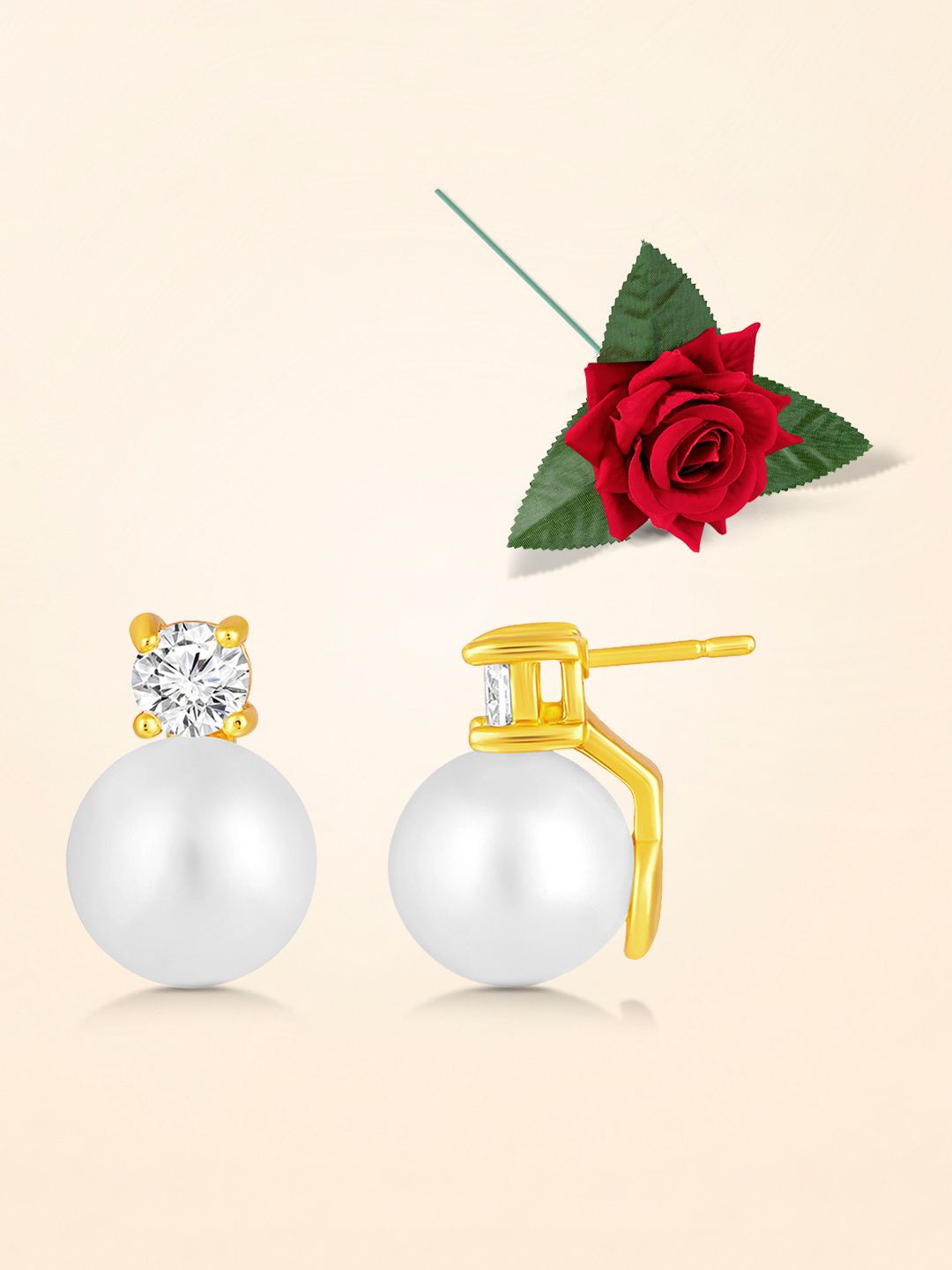 

Peora Gold-Plated Cubic Zirconia Studded & Pearls Geometric Shaped Studs With Red Rose