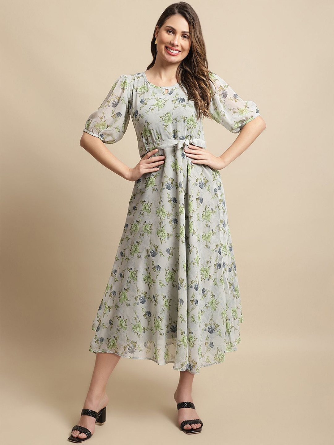 

Tromko Women Floral Print Puff Sleeves Fit & Flare Midi Dress With Belt, Green