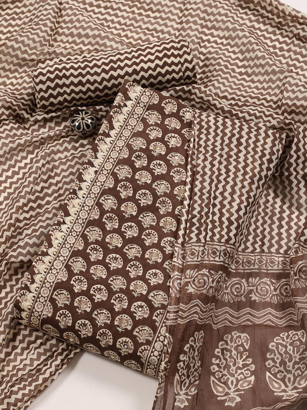 

Meena Bazaar Floral Embroidered Sequinned Cotton Unstitched Dress Material, Brown