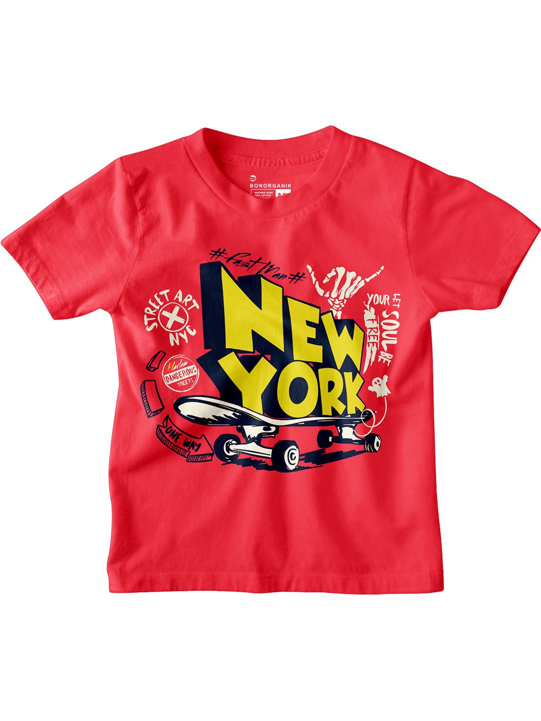 

BonOrganik Boys Graphic Printed Round Neck Cotton T-shirt, Red
