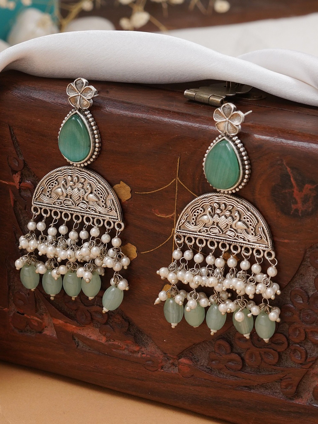 

JEWILLEY Parnika Silver-Plated Artificial Stones Studded & Beaded Oxidised Chandbalis