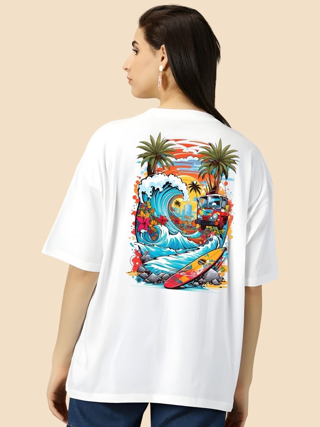 

SZN Women Graphic Printed Round Neck Cotton Oversized T-shirt, White