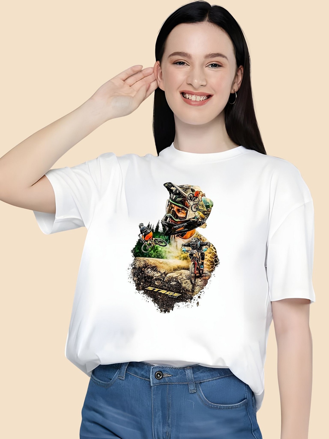 

SZN Women Graphic Printed Round Neck Cotton Oversized T-shirt, White