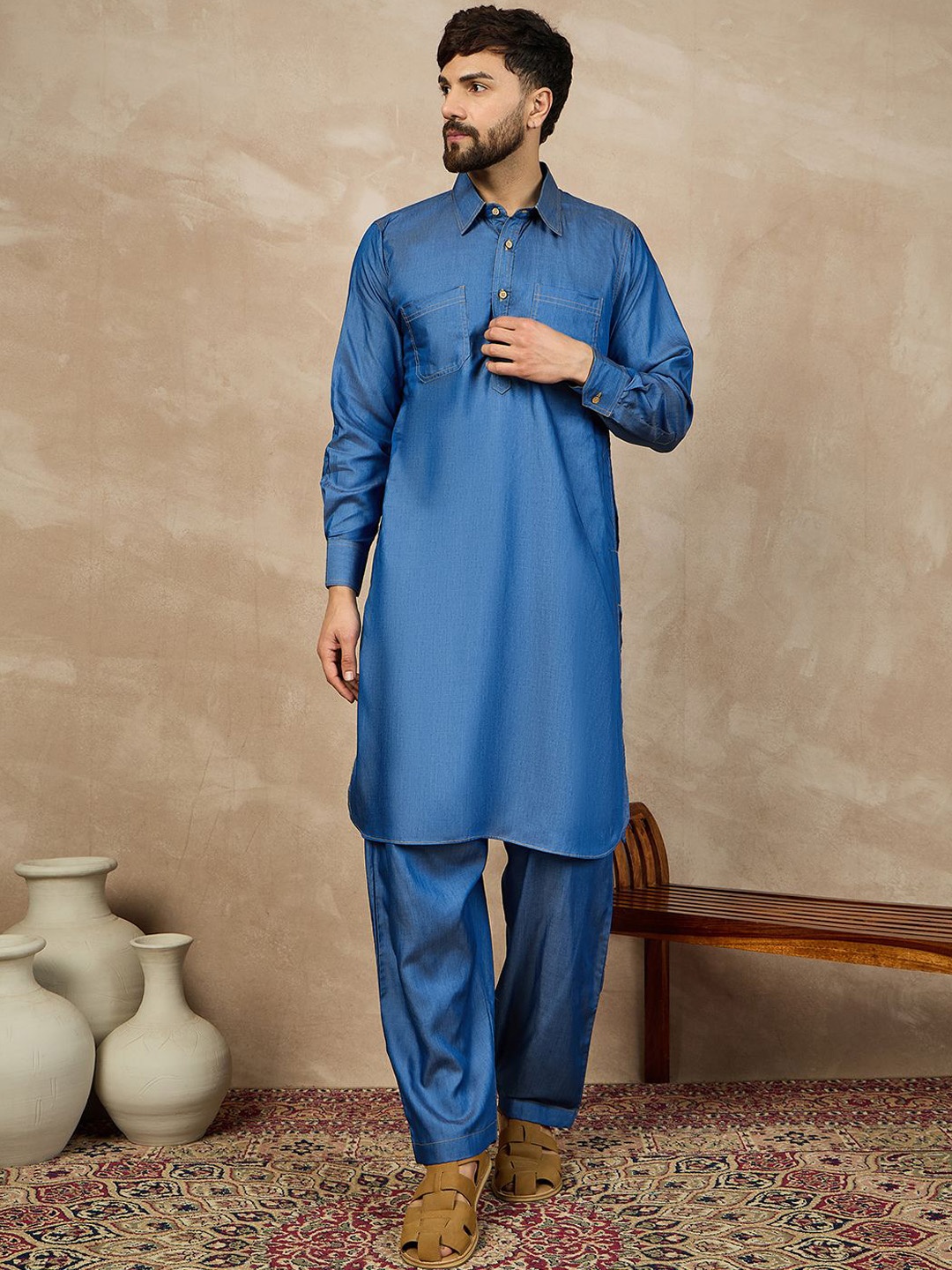

NABIA Shirt Collar Straight Pure Cotton Kurta With Pyjamas, Blue