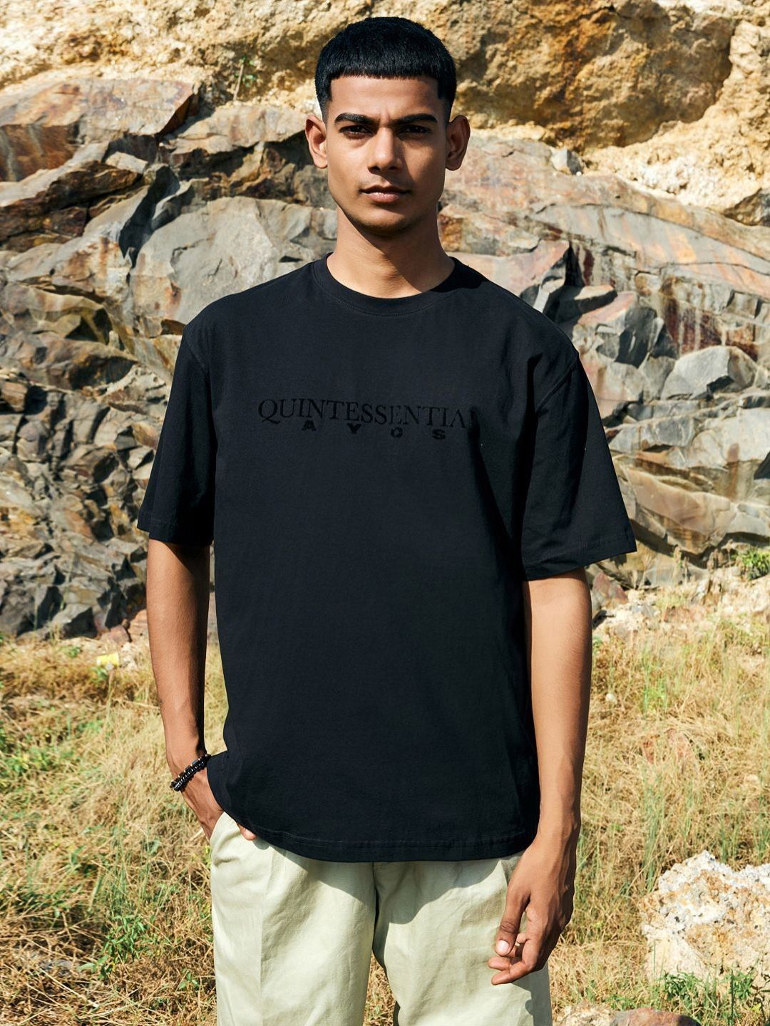 

AYCS Men Typography Printed Round Neck Cotton Oversized T-shirt, Black