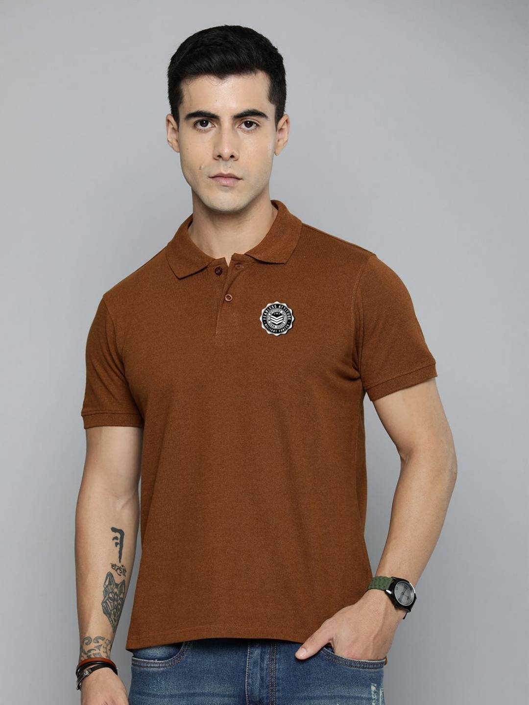 

R.Code by The Roadster Lifestyle Co. Men Regular Fit Solid Polo Collar Cotton T-shirt, Brown