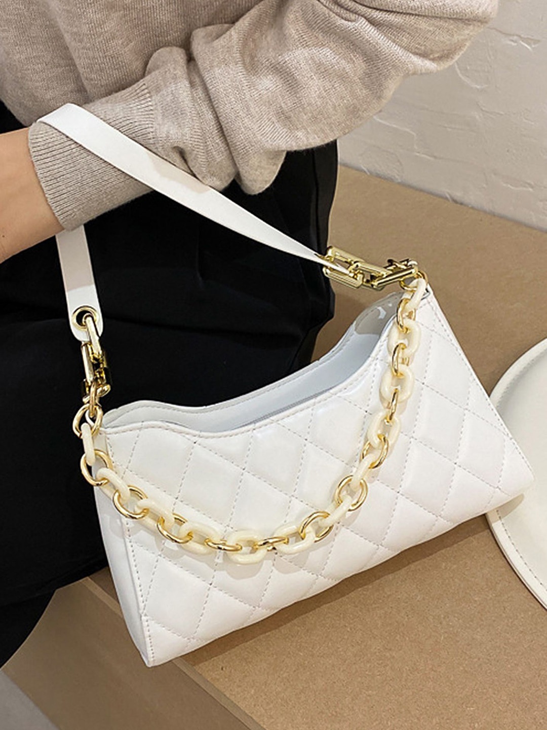 

LULU & SKY PU Structured Handheld Bag with Quilted, White