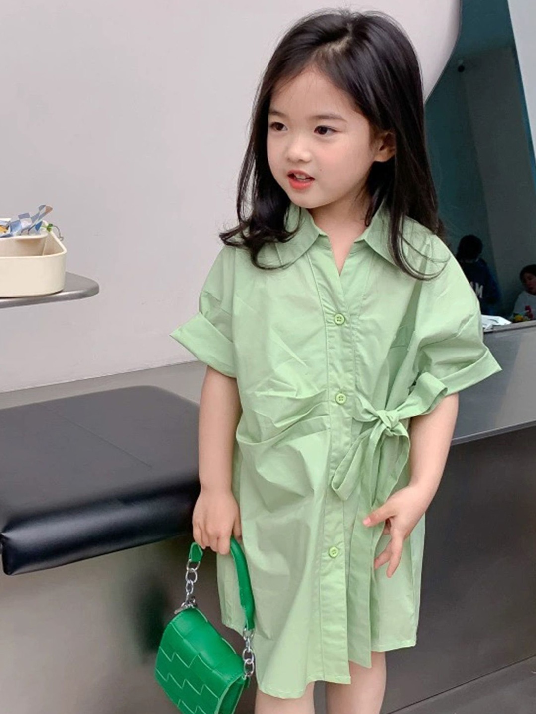 

LULU & SKY Girls Cotton Roll-Up Sleeves Shirt Dress With Belt, Sea green