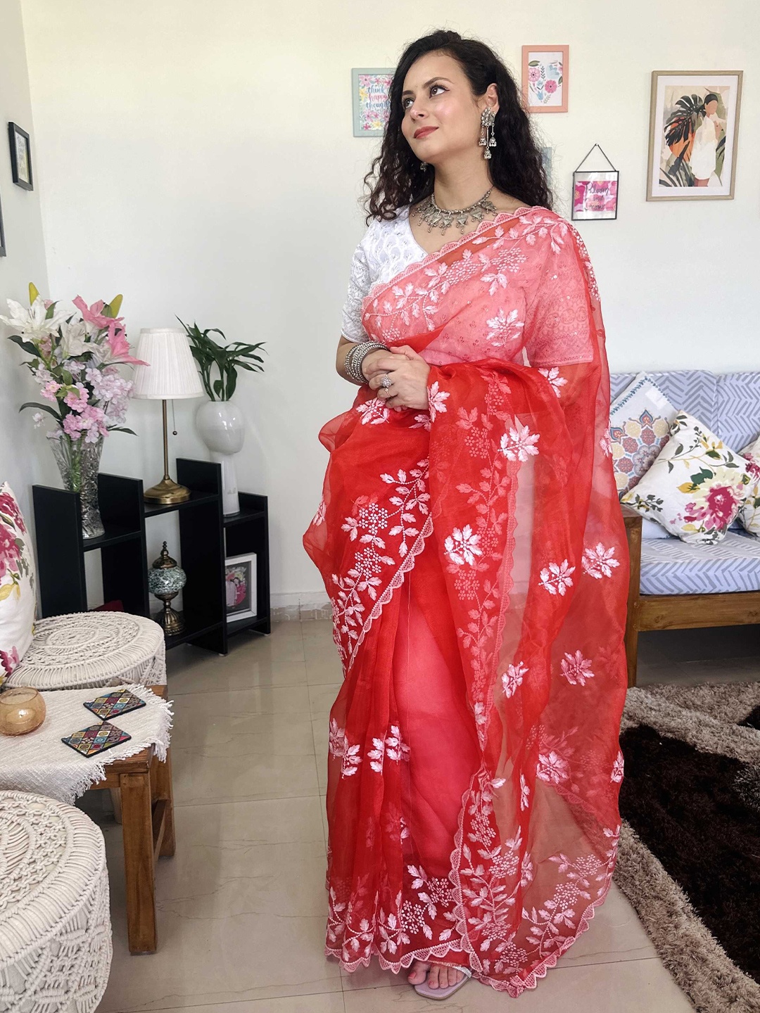 

DIVASTRI Embellished Embroidered Organza Saree, Red